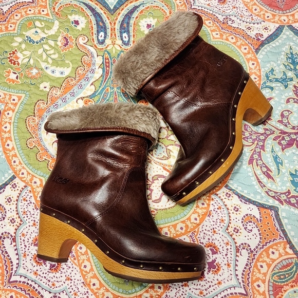 UGG Lynnea Leather Shearling Wood Clog Boots | Size 6 - Picture 5 of 16